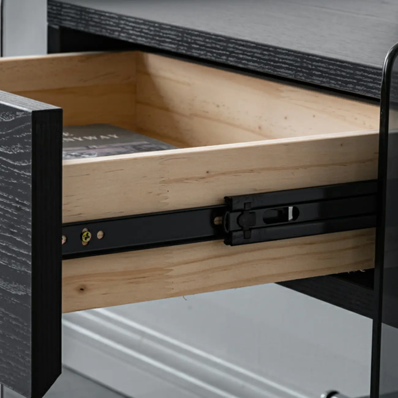 Black 2-Tier Glass Shelf Drawer Storage Narrow Nightstand Image - 17 | homeyfad