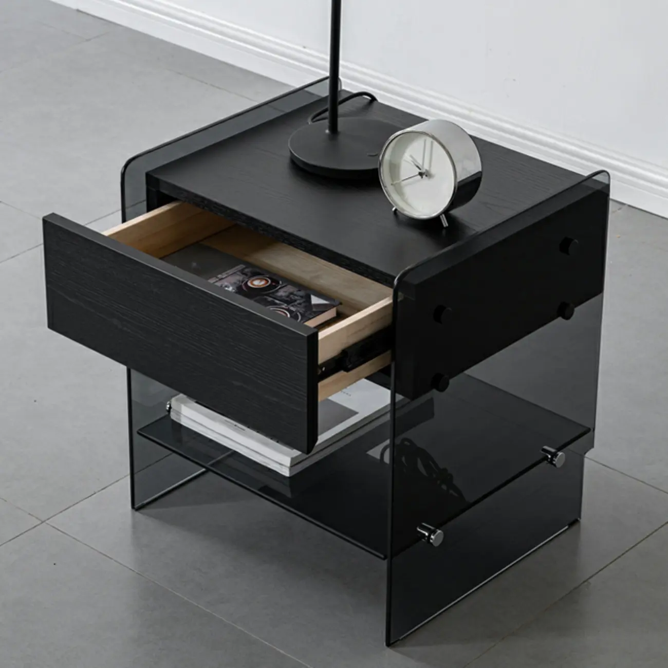 Black 2-Tier Glass Shelf Drawer Storage Narrow Nightstand Image - 22 | homeyfad