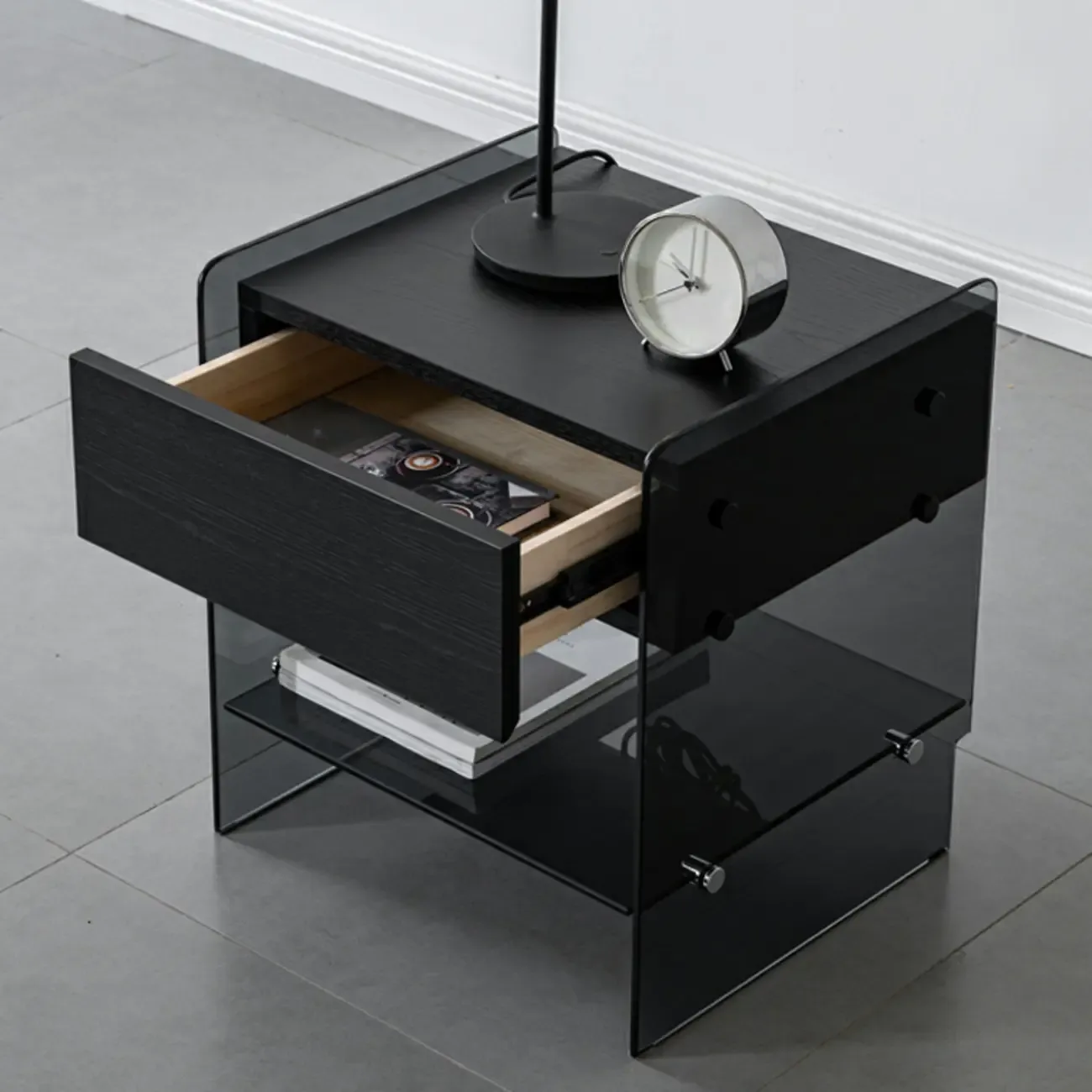 Black 2-Tier Glass Shelf Drawer Storage Narrow Nightstand Image - 22