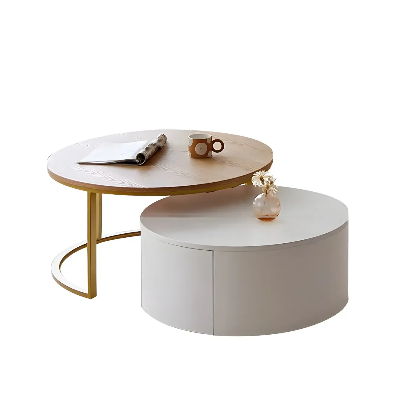 Compact Stylish Round Wood Drawer Coffee Table Image - 10