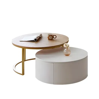 Compact Stylish Round Wood Drawer Coffee Table Image - 10