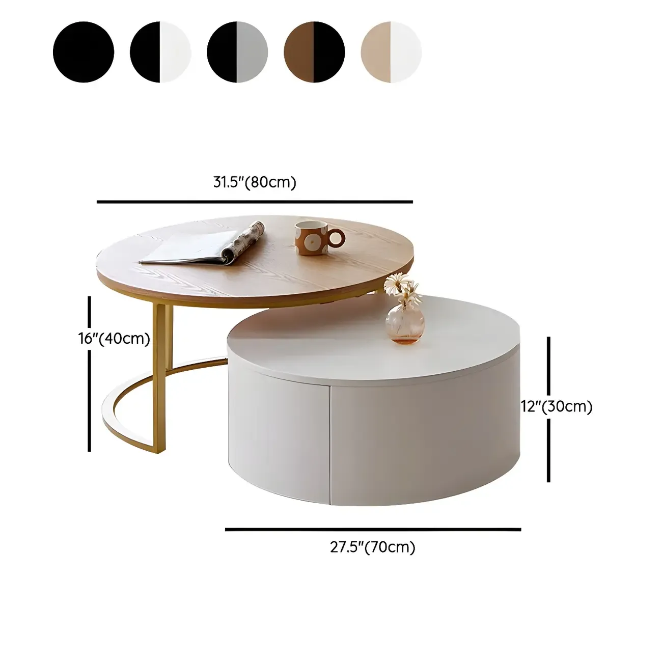 Compact Stylish Round Wood Drawer Coffee Table #size