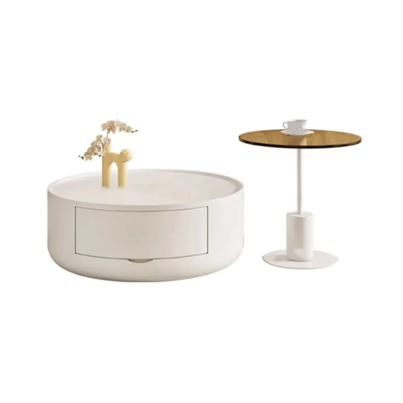 Cream Round Modern Wood Coffee Table with Storage Image - 7