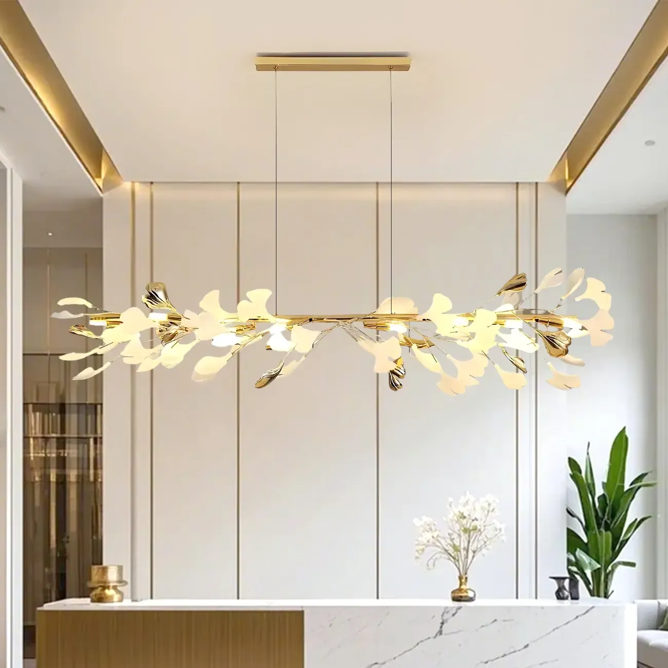 Adjustable Modern White 8-Light Leaf Island Light  Image - 1