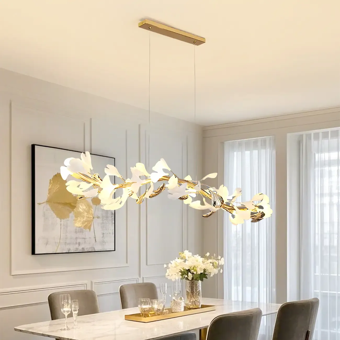 Adjustable Modern White 8-Light Leaf Island Light  Image - 3