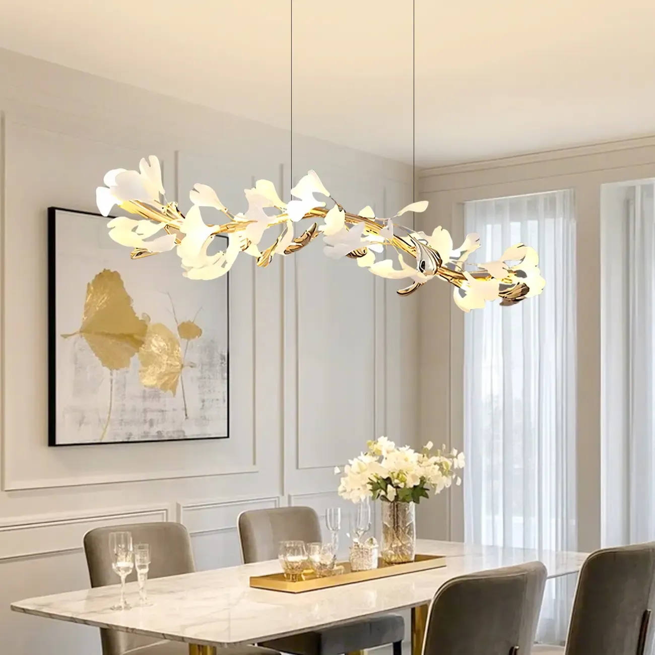 Adjustable Modern White 8-Light Leaf Island Light  Image - 4