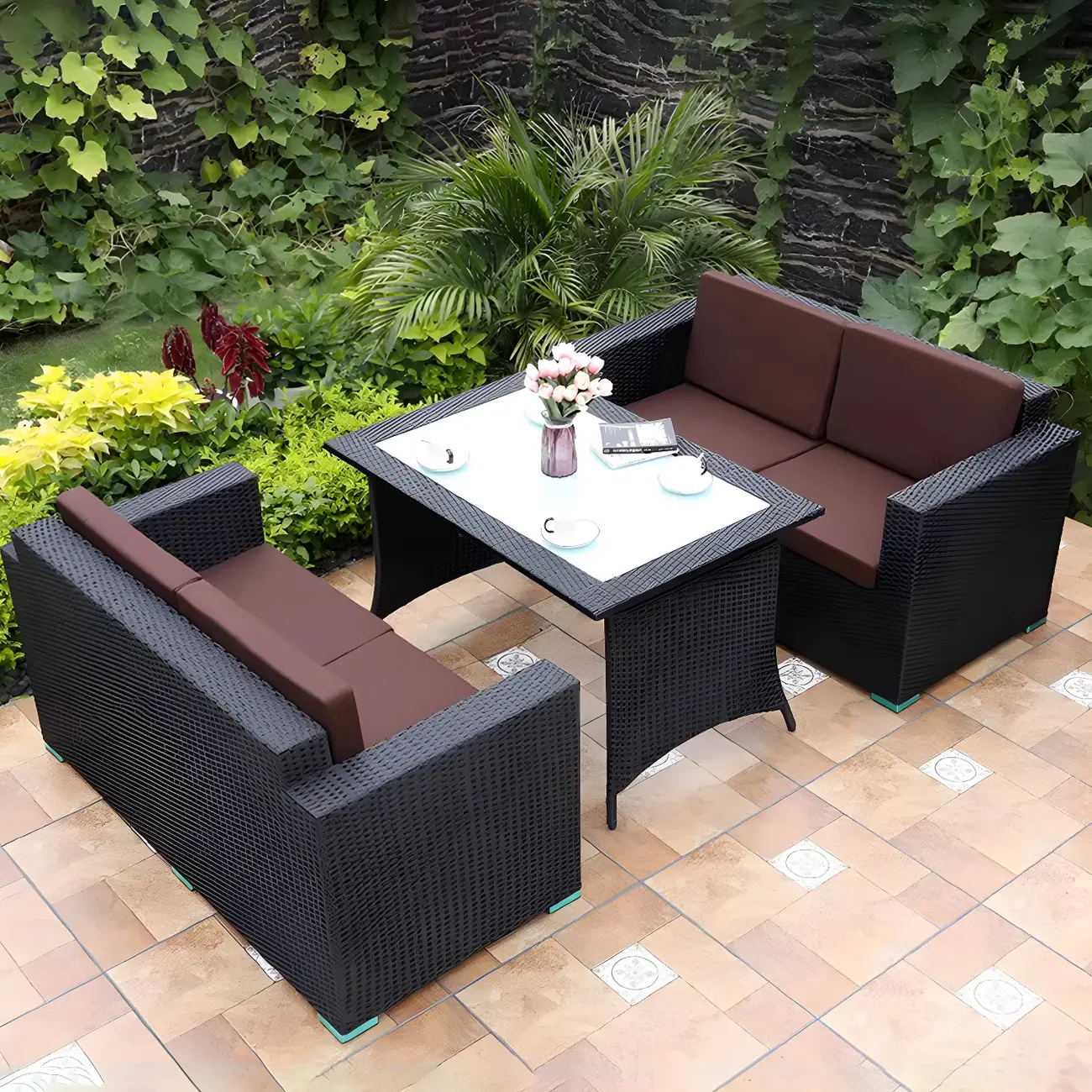 59" Wicker Symmetrical Modern Patio Loveseat Red Cushions Image - 1 | homeyfad