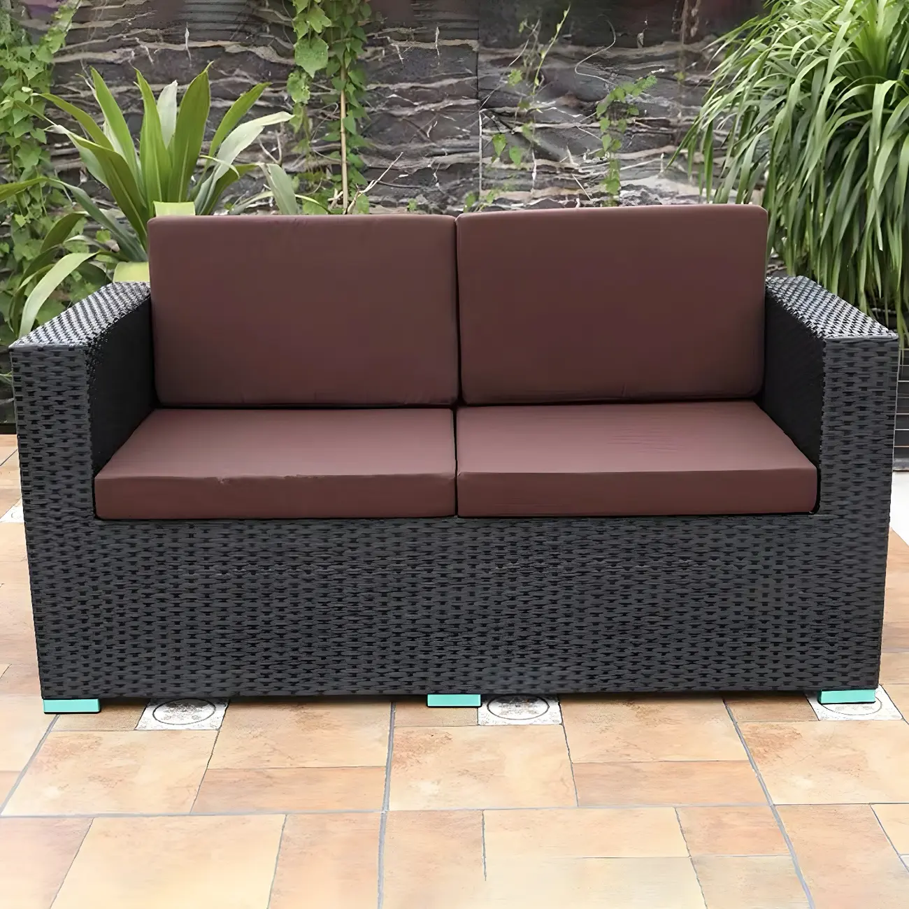59" Wicker Symmetrical Modern Patio Loveseat Red Cushions Image - 2 | homeyfad