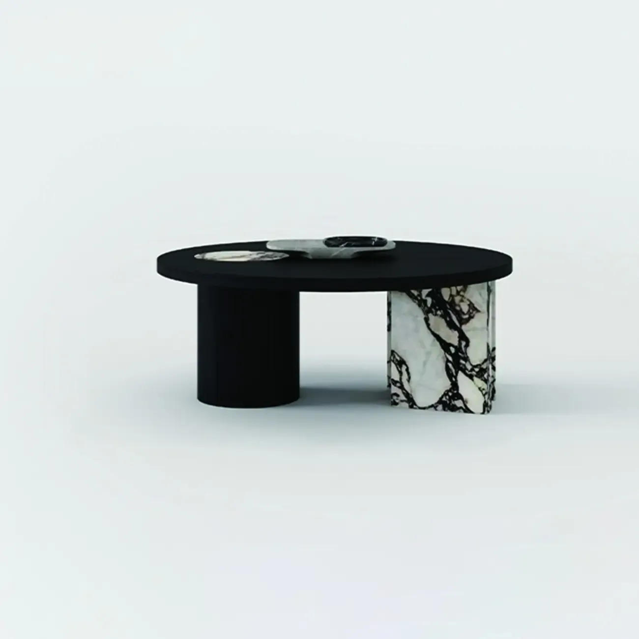 Black Round Modern Double Pedestal Wood Coffee Table Image - 8