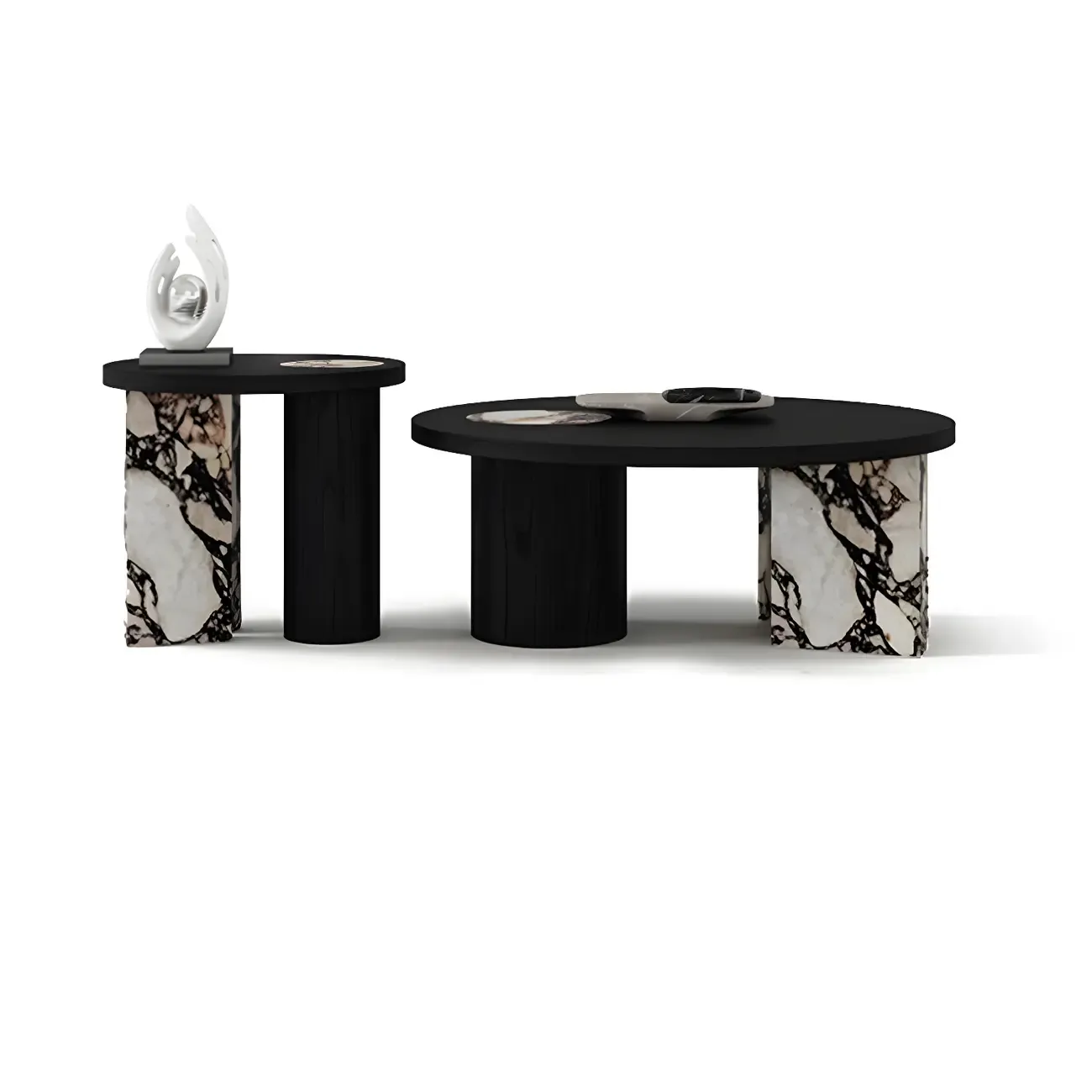 Black Round Modern Double Pedestal Wood Coffee Table Image - 10