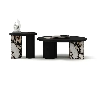 Black Round Modern Double Pedestal Wood Coffee Table Image - 10