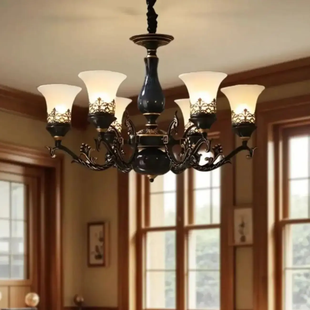 Classic Mid-Century Modern Black Frosted Glass Chandelier Image - 1 | homeyfad