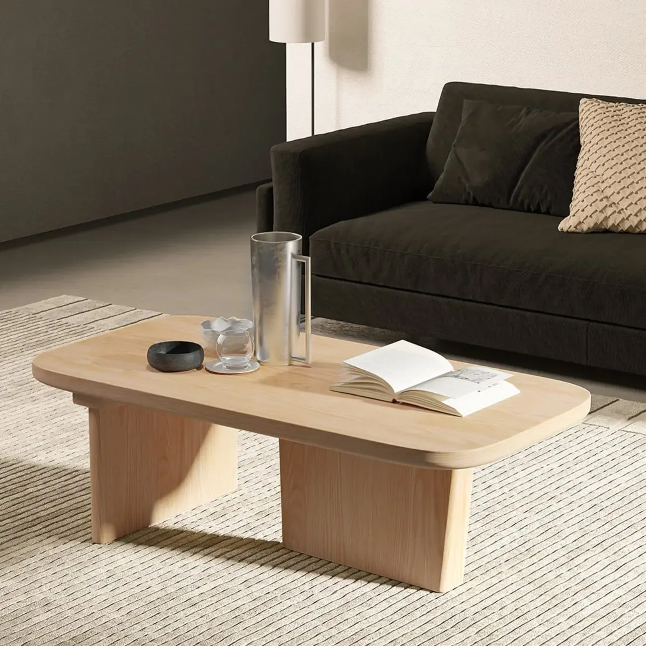 Japandi Rectangle Solid Wood Coffee Table in Natural Finish Image - 3