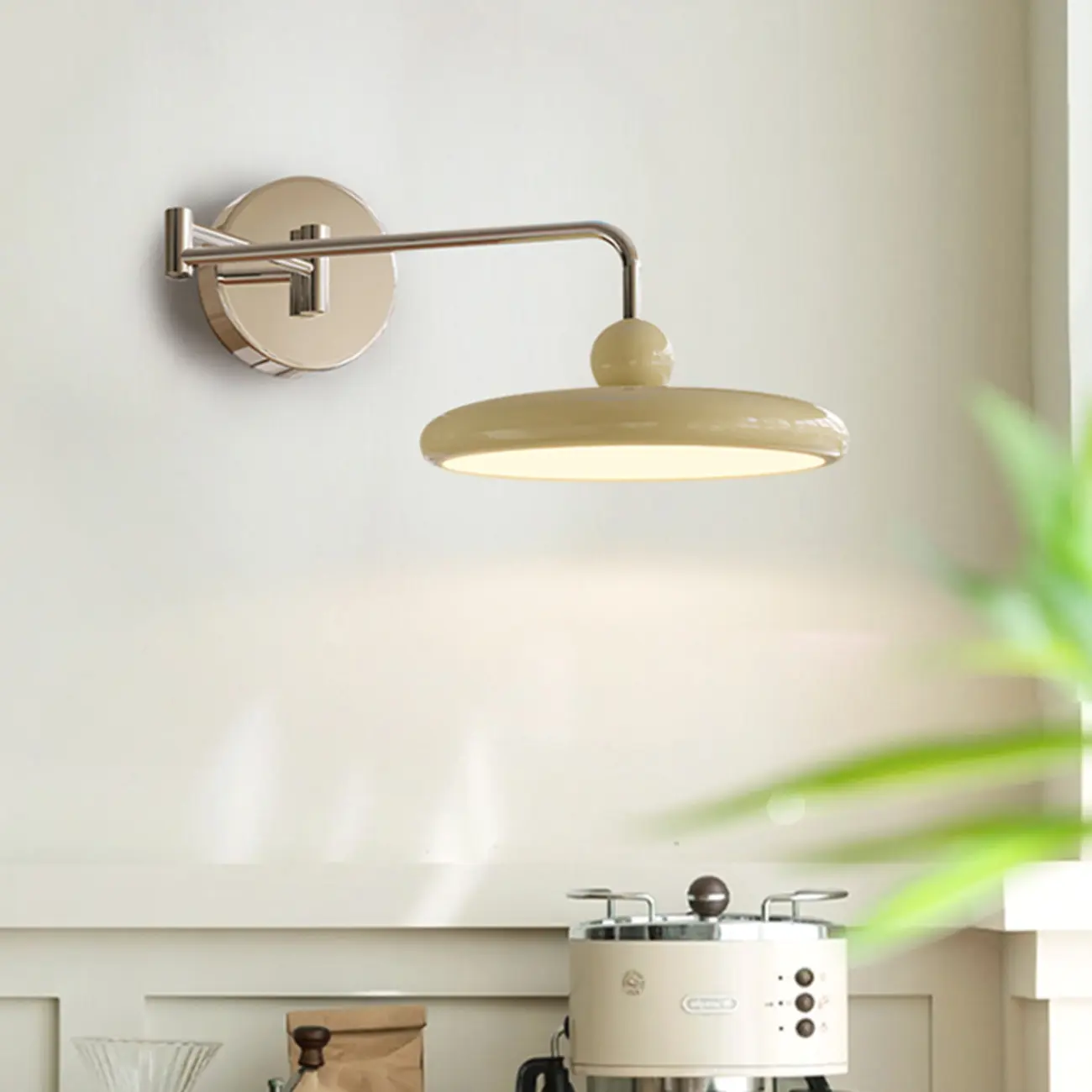 Modern Beige Swing Arm Wall Light with Round Shade Image - 1 | homeyfad