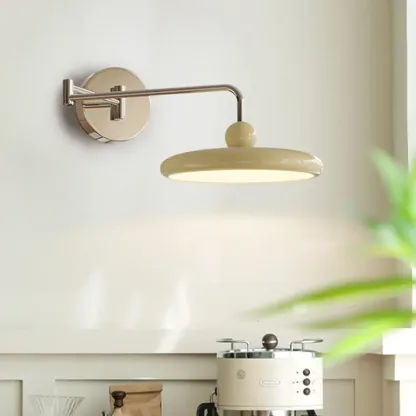 Modern Beige Swing Arm Wall Light with Round Shade Image - 1