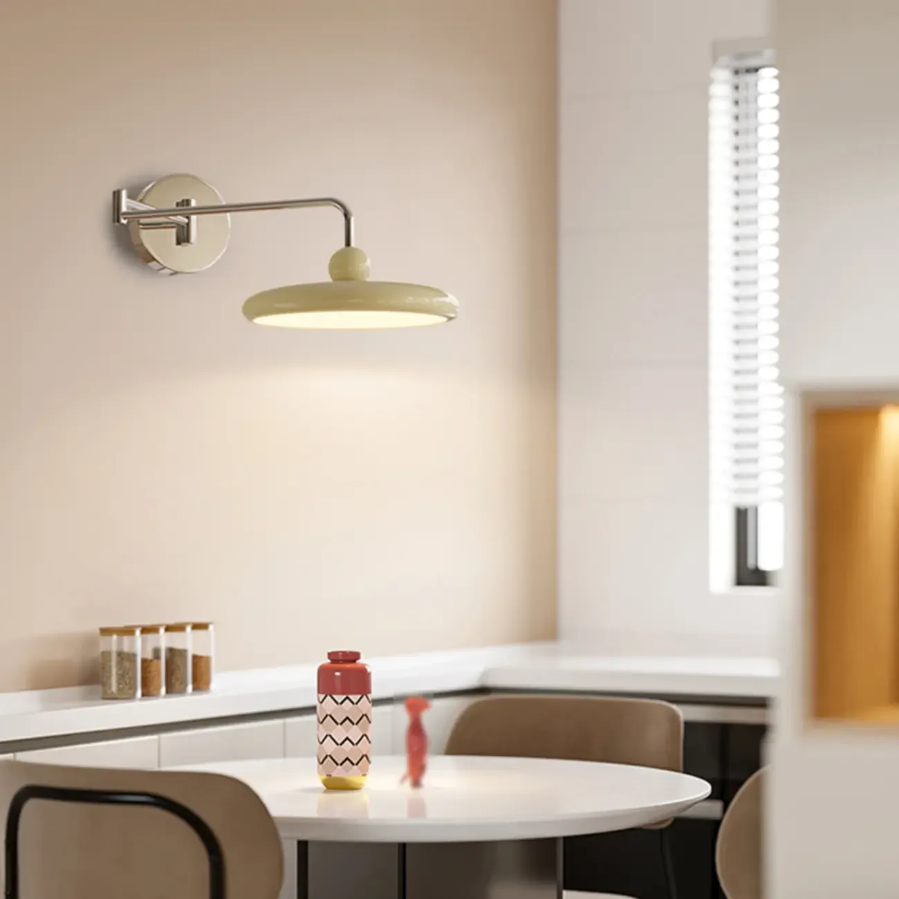Modern Beige Swing Arm Wall Light with Round Shade Image - 3