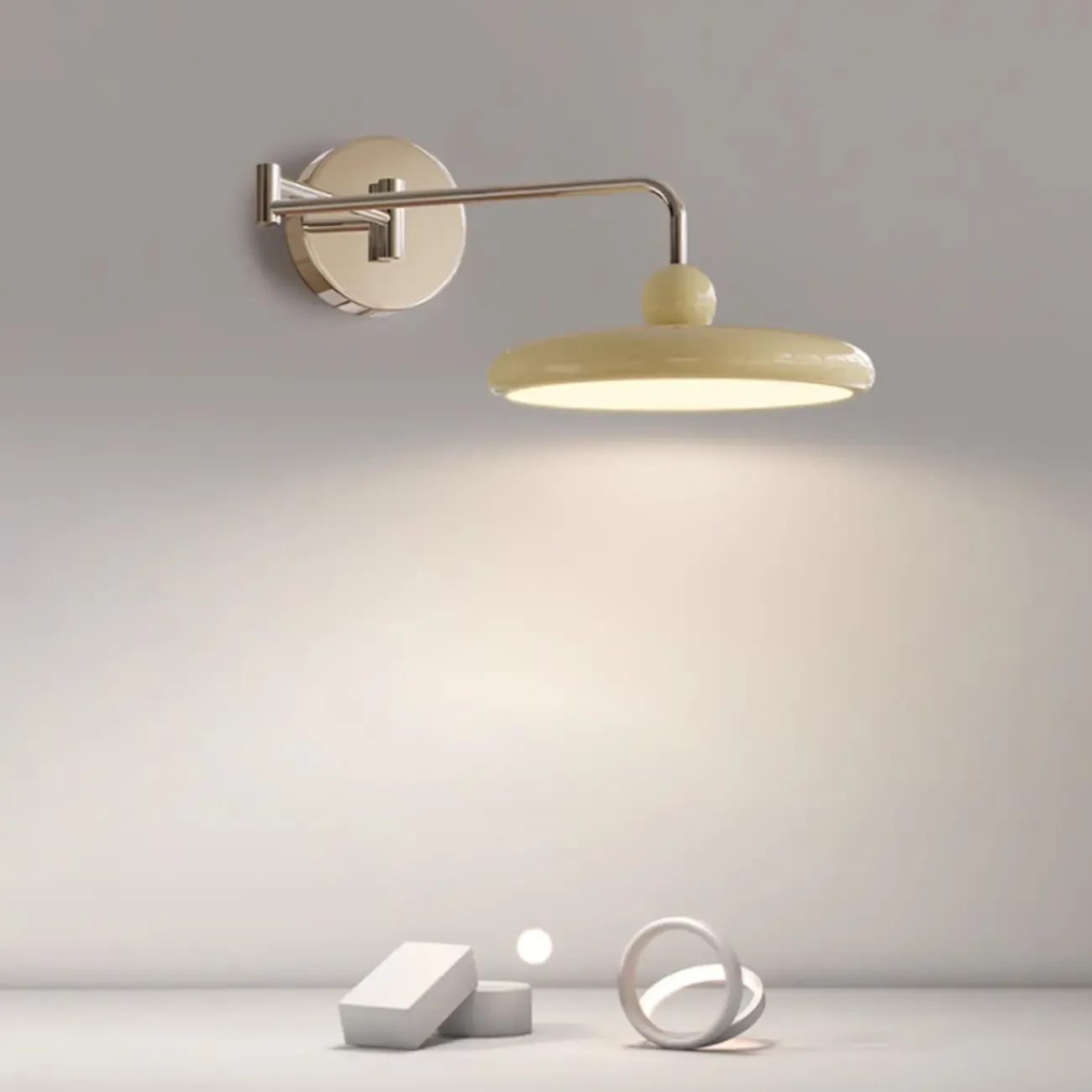 Modern Beige Swing Arm Wall Light with Round Shade Image - 8