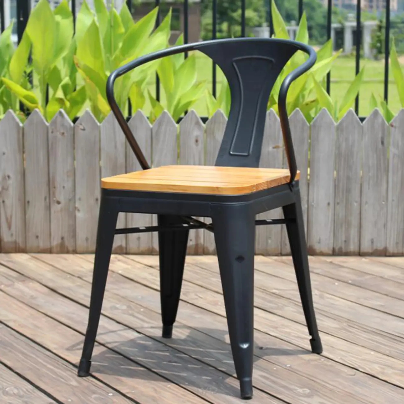 Modern Brown Wood Metal Outdoor Dining Chair Image - 2 | homeyfad