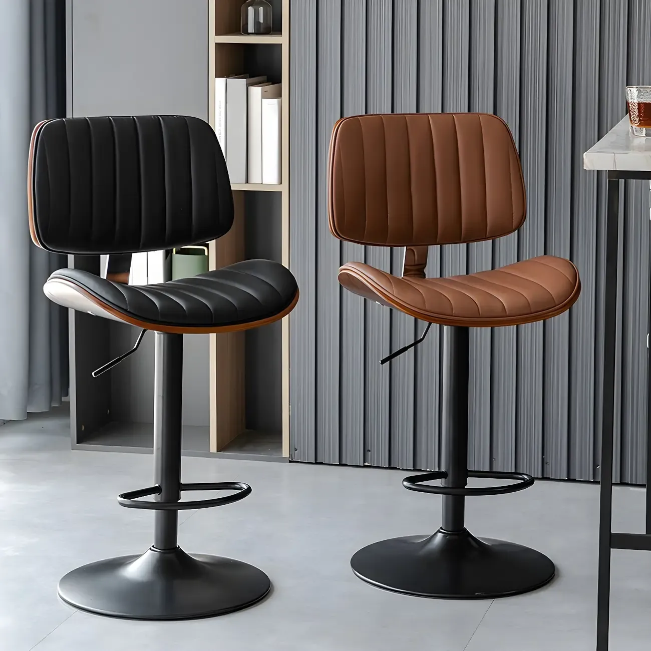 Adjustable Armless Bucket Swivel Leather Bar Stool Image - 4