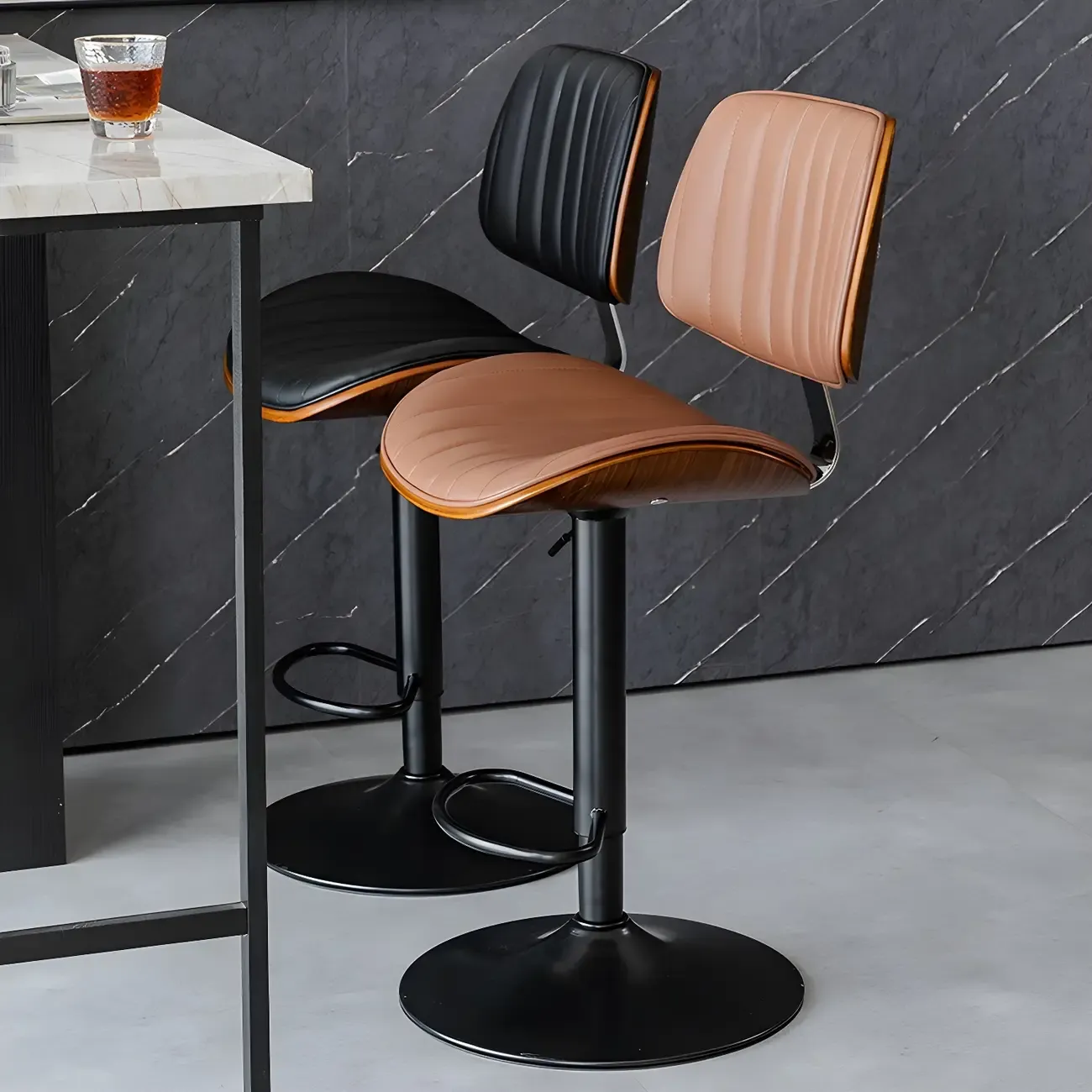 Adjustable Armless Bucket Swivel Leather Bar Stool Image - 2