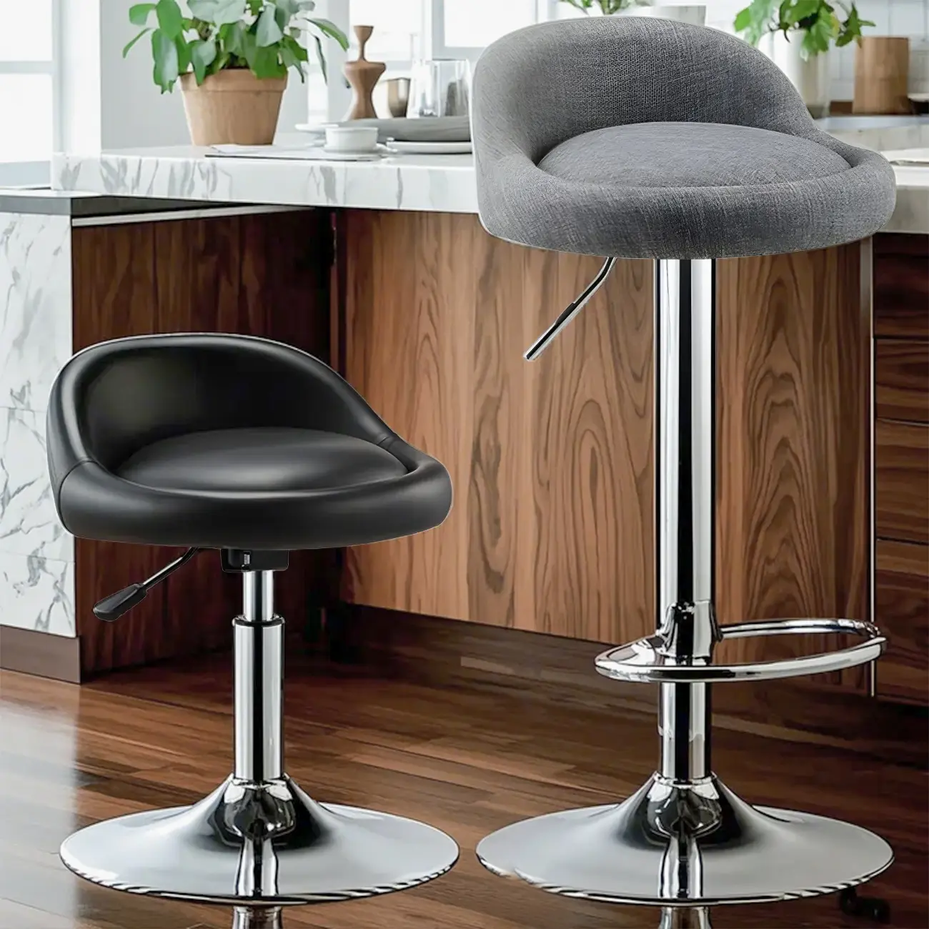 Adjustable Faux Leather Curved Swivel Bar Stools Image - 1 | homeyfad