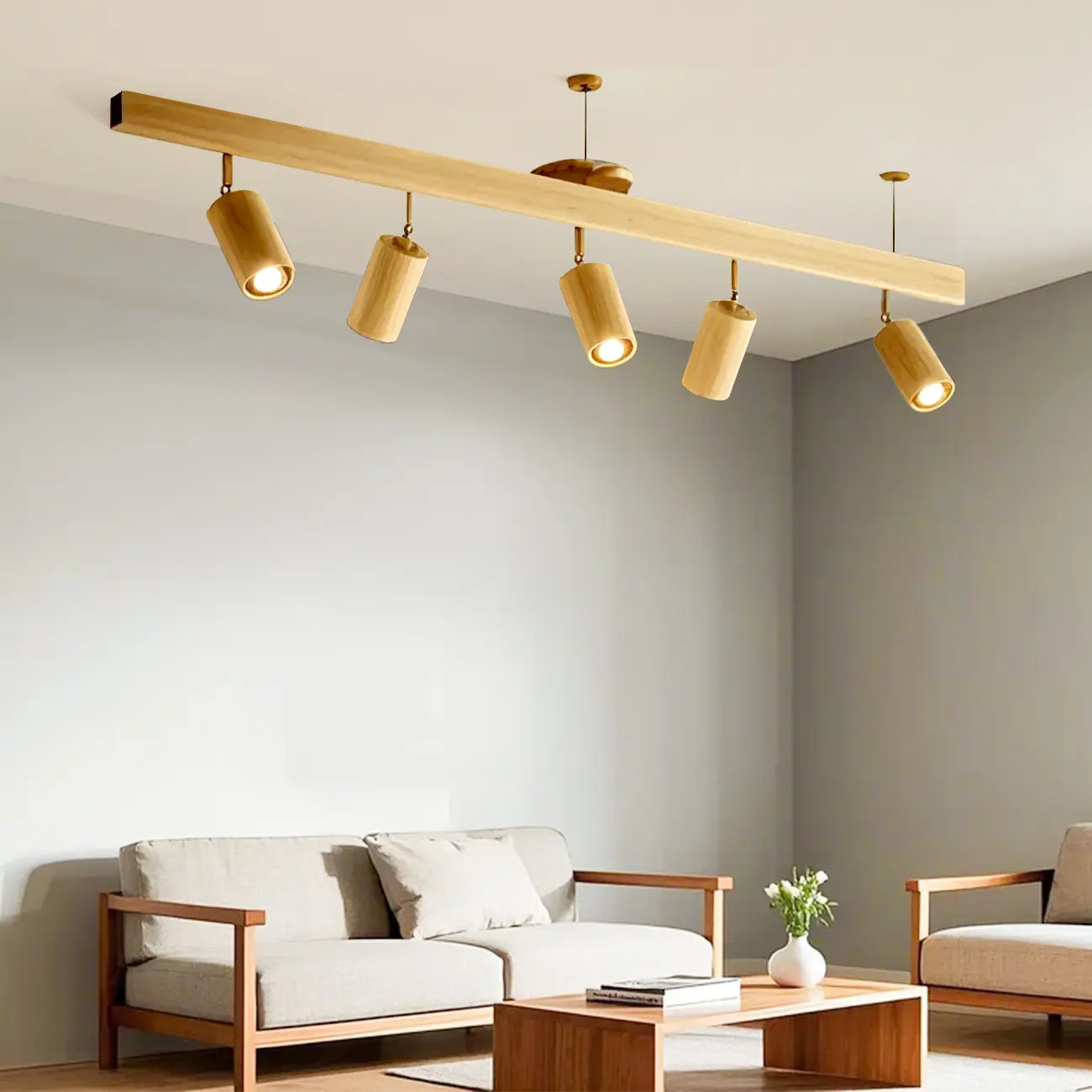 5-Light Wood Track Spotlight Adjustable Semi Flush Mount Ceiling Light Image - 1 | homeyfad