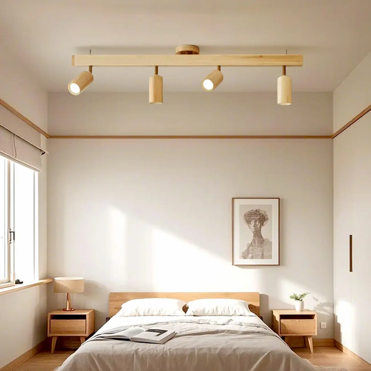 5-Light Wood Track Spotlight Adjustable Semi Flush Mount Ceiling Light Image - 2 | homeyfad
