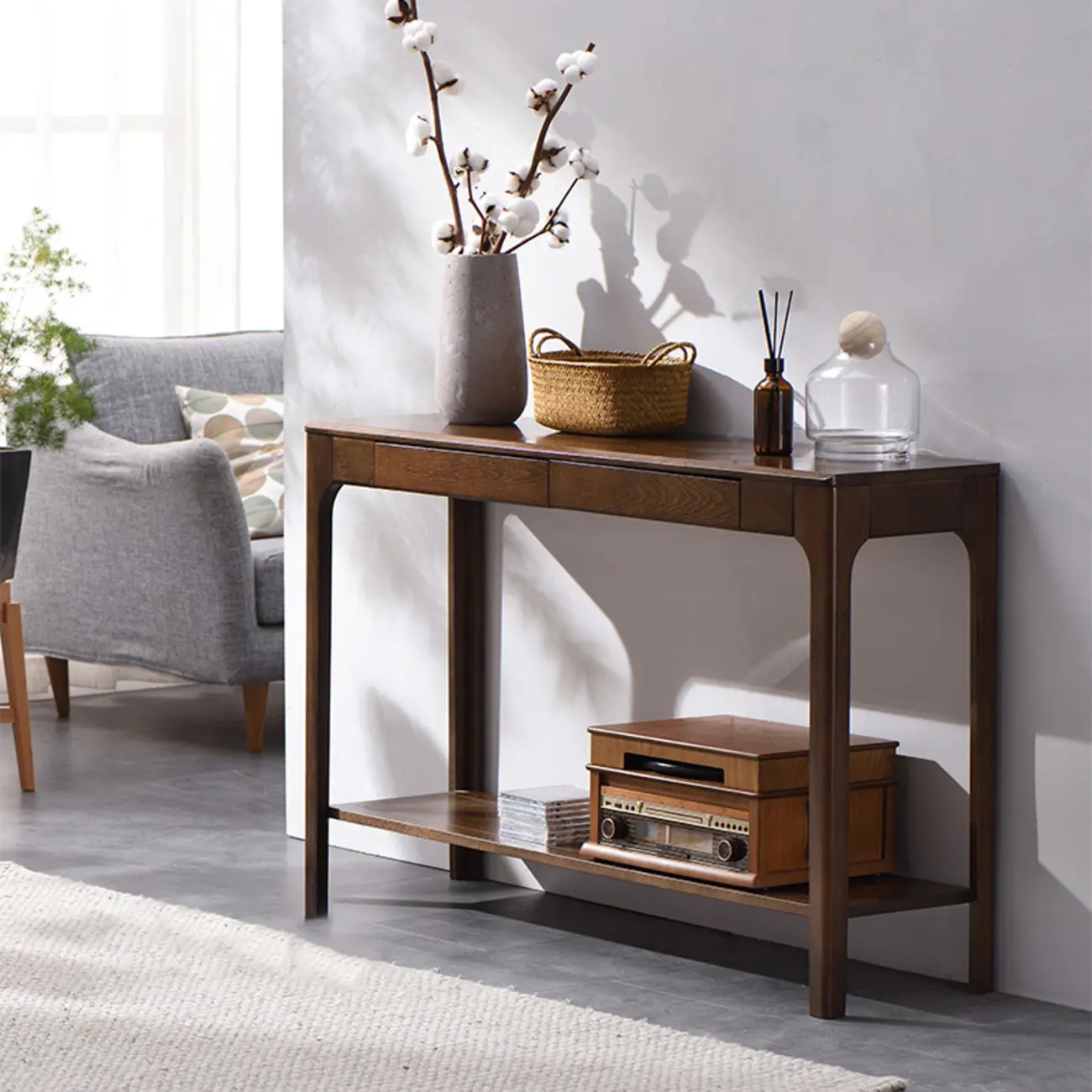 Rectangular Wood Narrow Console Table with Storage Image - 1 | homeyfad