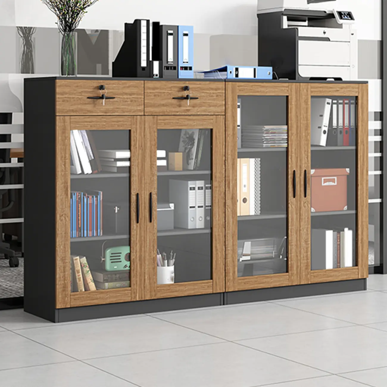 Durable Brown Wooden Filing Cabinet with Glass Doors for Office Image - 1 | homeyfad