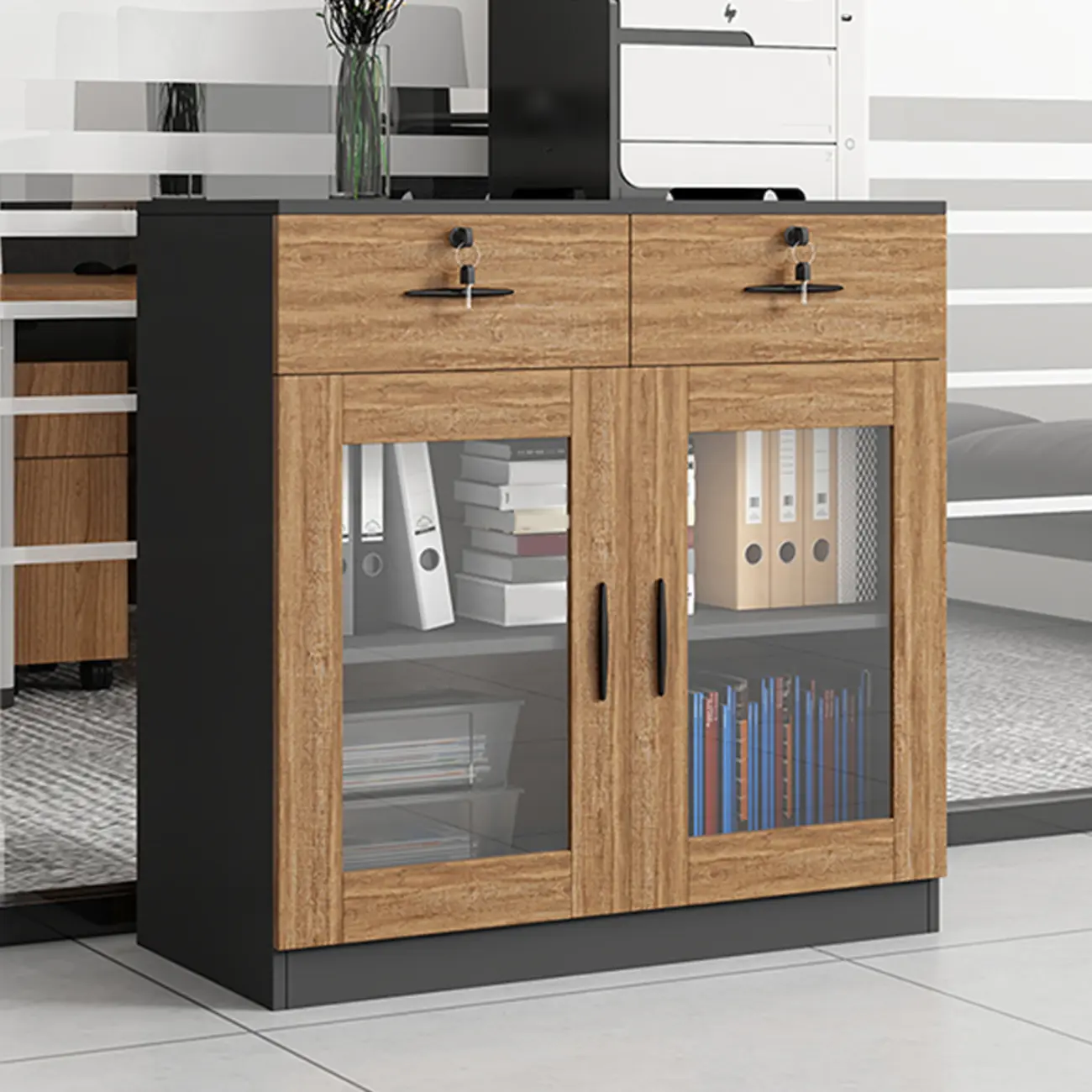 Durable Brown Wooden Filing Cabinet with Glass Doors for Office Image - 2 | homeyfad