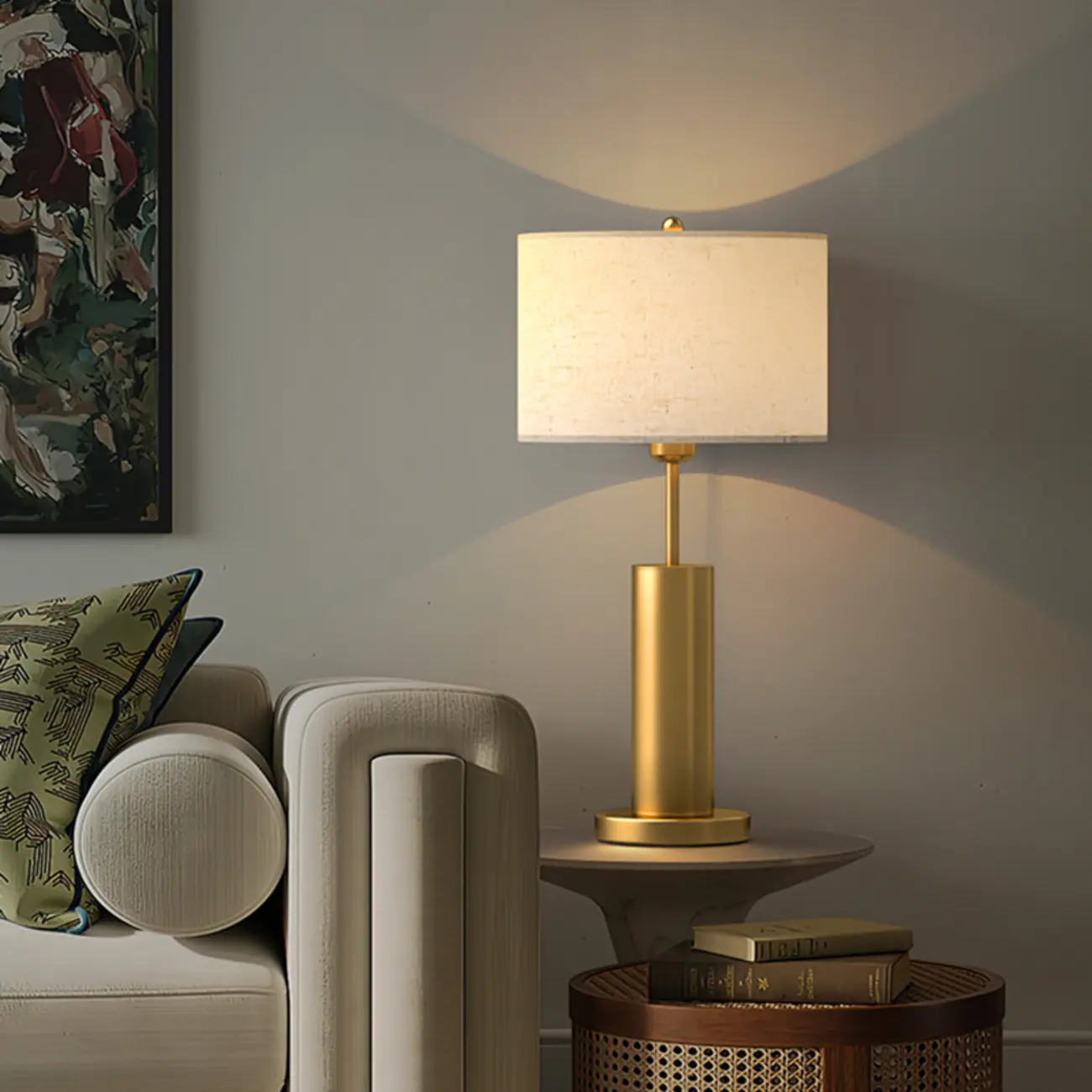 Plug-In Gold Metal Fabric Barrel-Shaped Table Lamp Image - 4 | homeyfad