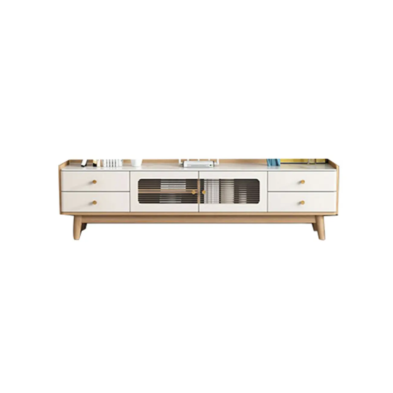 Minimalist Stone TV Stand with Drawers & Wooden Legs for Home Image - 6 | homeyfad