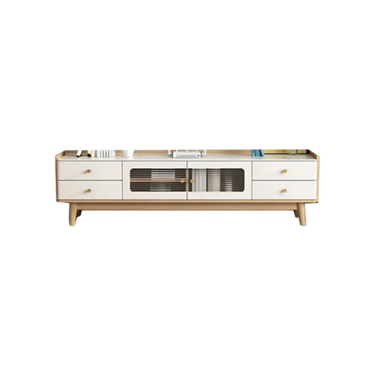 Minimalist Stone TV Stand with Drawers & Wooden Legs for Home Image - 6