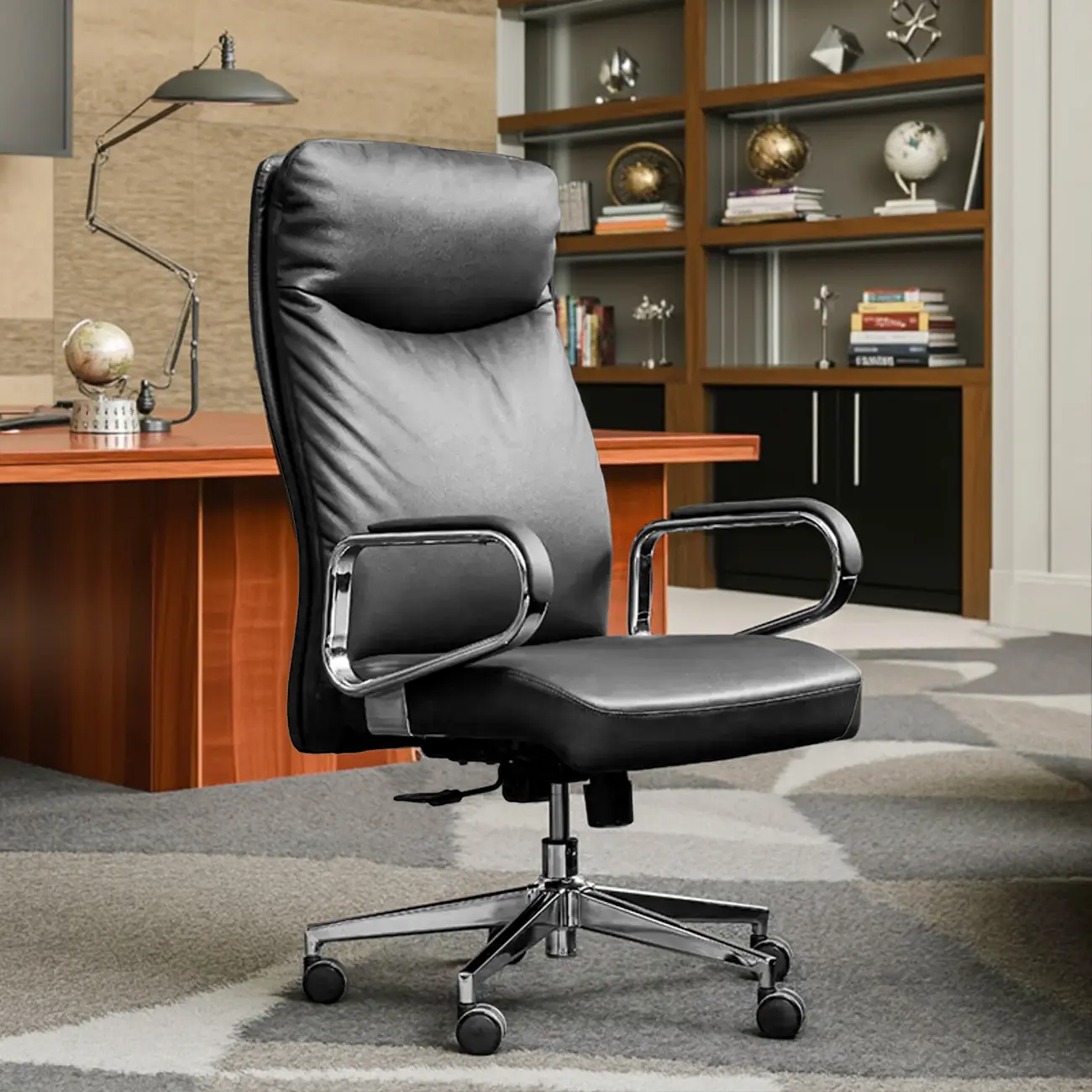 Modern Black Leather Upholstered Adjustable Swivel Office Chair Image - 1 | homeyfad