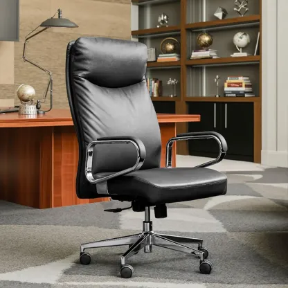 Modern Black Leather Upholstered Adjustable Swivel Office Chair Image - 1