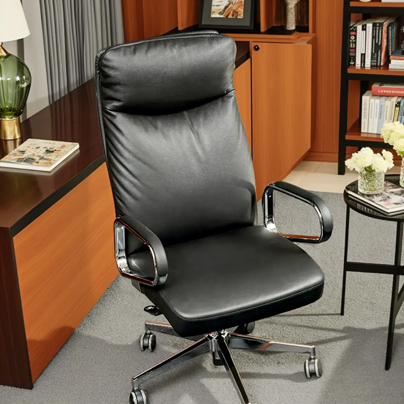 Modern Black Leather Upholstered Adjustable Swivel Office Chair Image - 2 | homeyfad