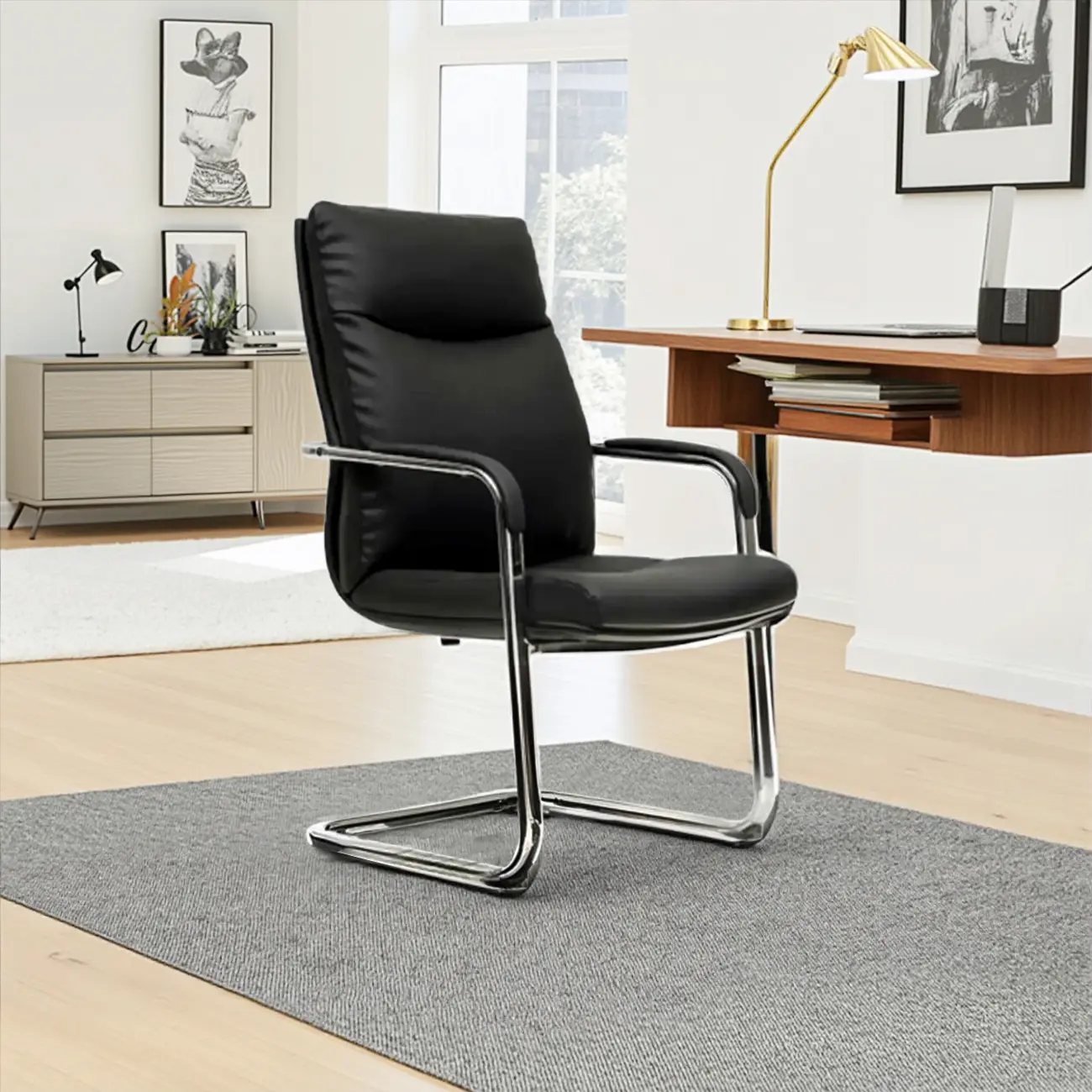 Modern Black Leather Upholstered Adjustable Swivel Office Chair Image - 4 | homeyfad