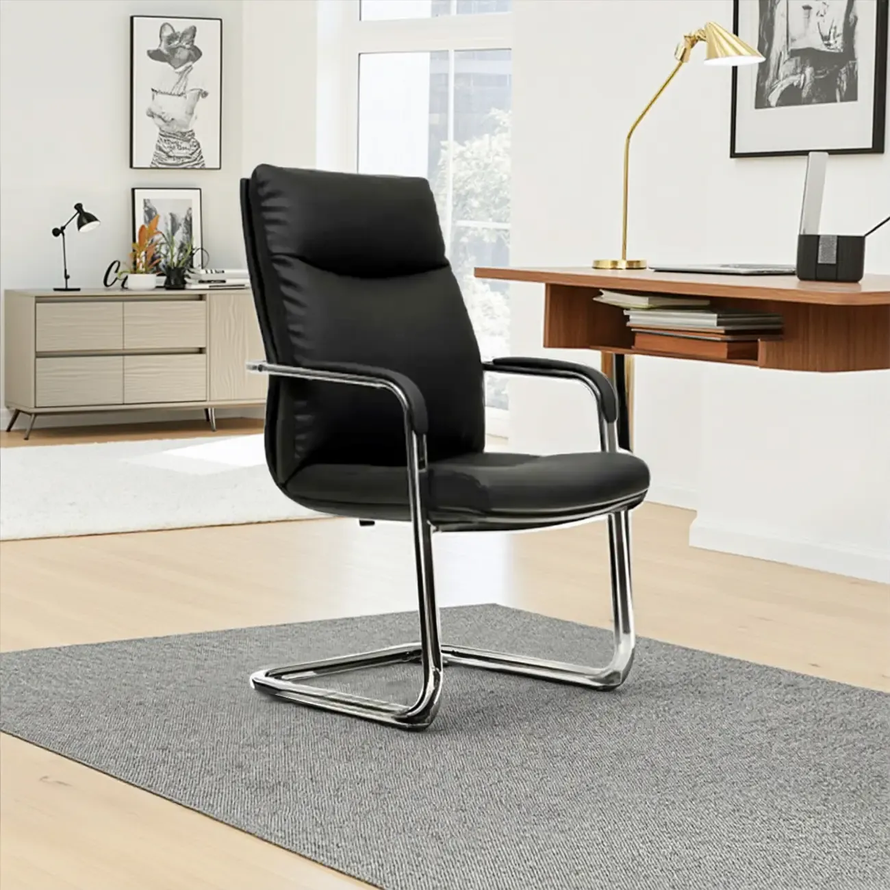 Modern Black Leather Upholstered Adjustable Swivel Office Chair Image - 4