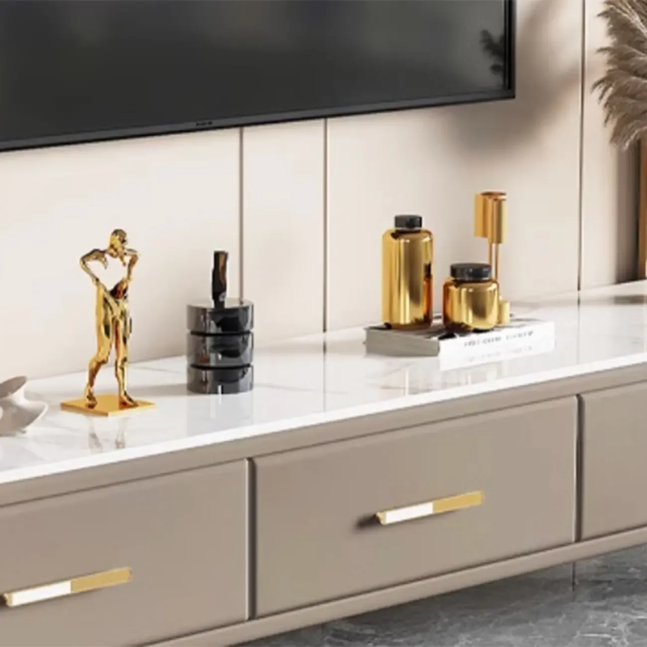 Modern Stone TV Stand with Open Storage and Legs for Home Image - 7