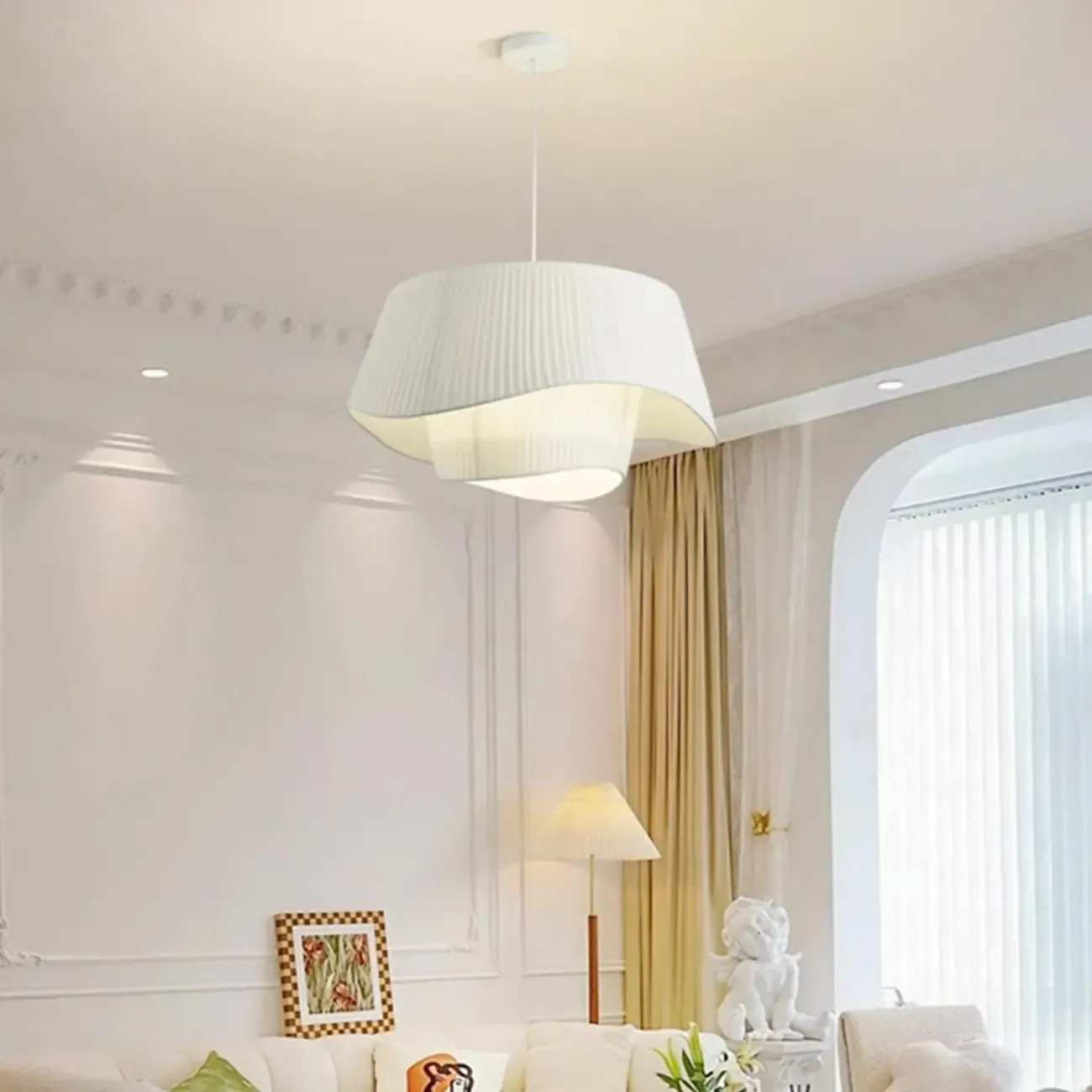 White Fabric Wave Pendant Modern Ceiling Lamp Image - 5