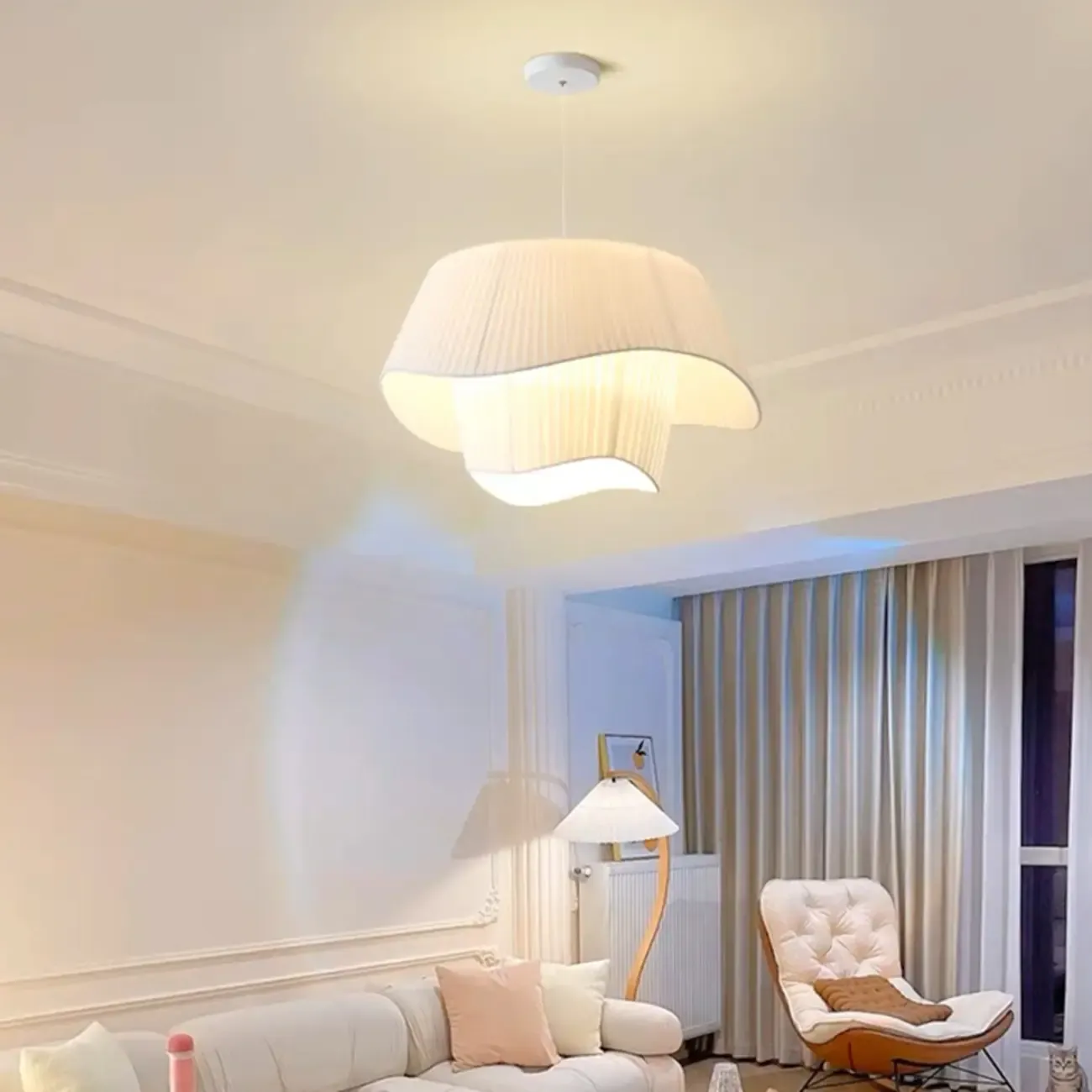 White Fabric Wave Pendant Modern Ceiling Lamp Image - 2
