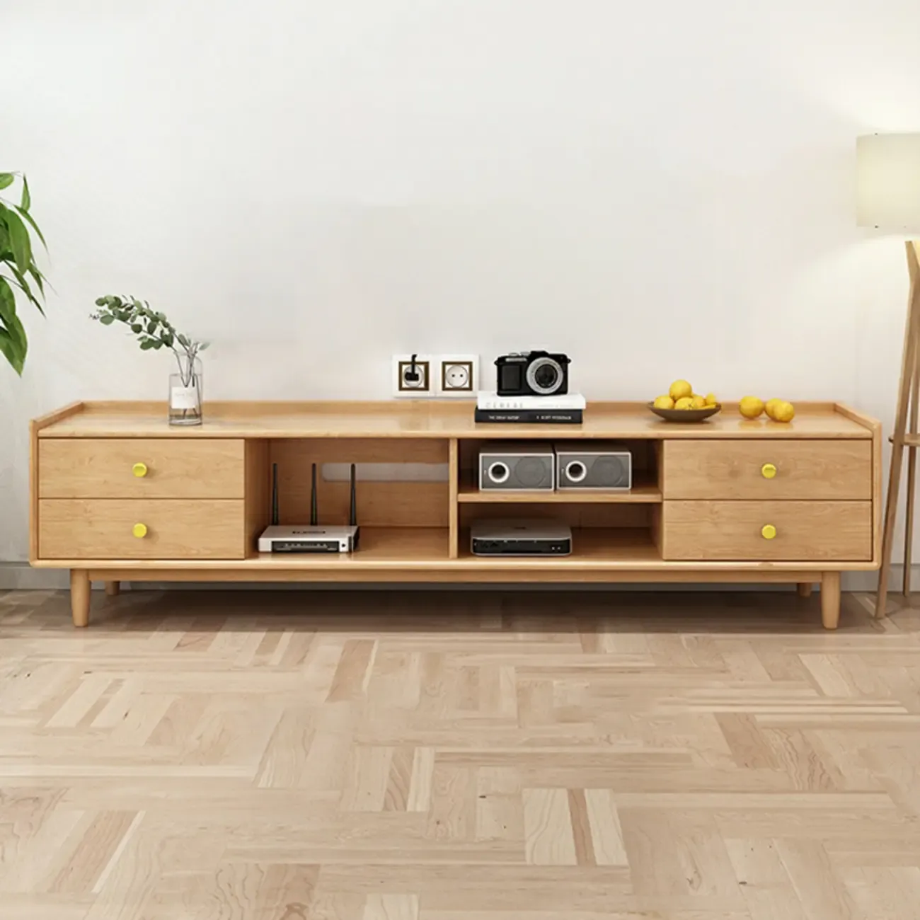 Classic Wooden TV Stand with 4-Drawers and Cabinet Image - 4