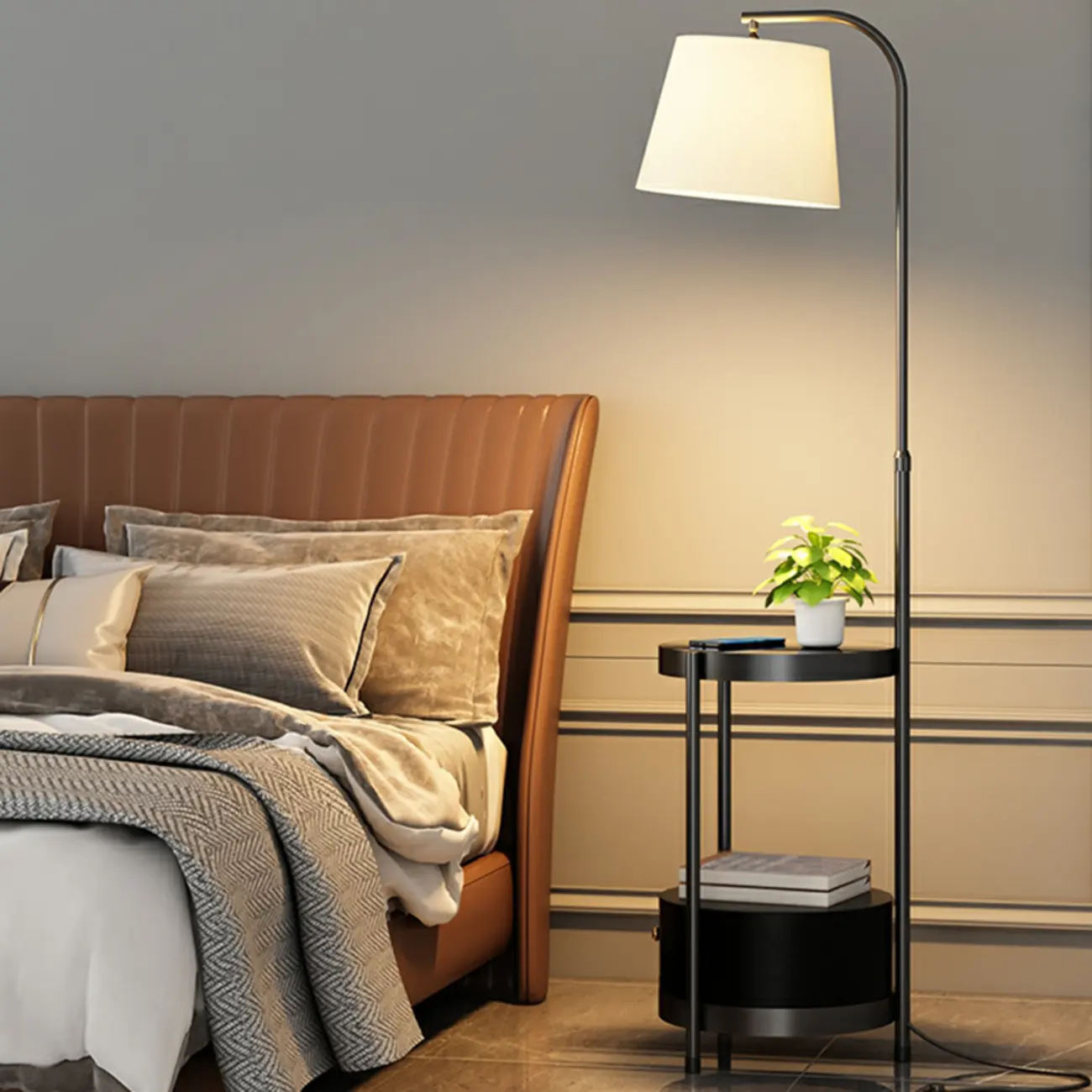 Adjustable Metal Geometric Shade Storage Floor Lamp Black Image - 1 | homeyfad
