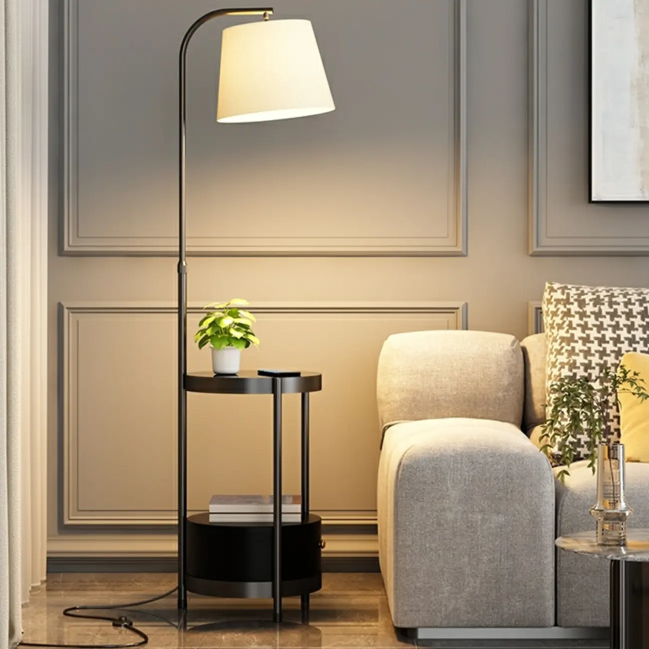 Adjustable Metal Geometric Shade Storage Floor Lamp Black Image - 2 | homeyfad