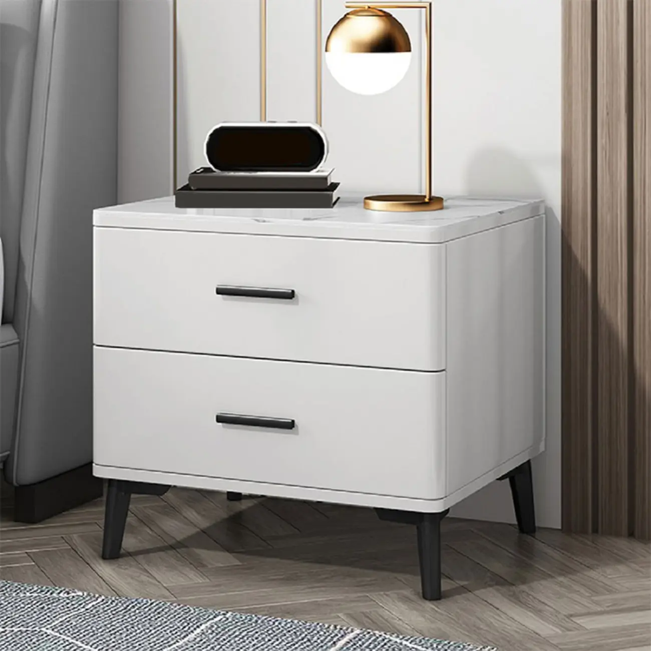 Modern White Stone Top Oak 2-Drawer Nightstand Image - 1 | homeyfad