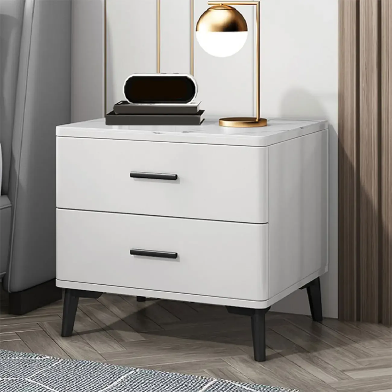 Modern White Stone Top Oak 2-Drawer Nightstand Image - 1