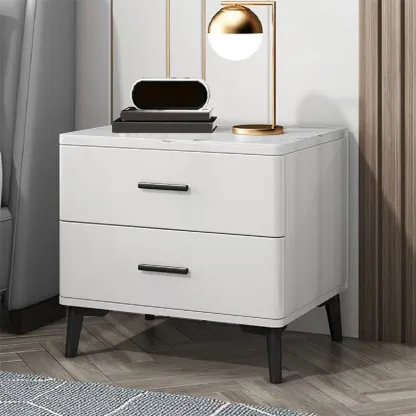 Modern White Stone Top Oak 2-Drawer Nightstand Image - 1
