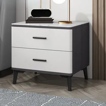 Modern White Stone Top Oak 2-Drawer Nightstand Image - 2