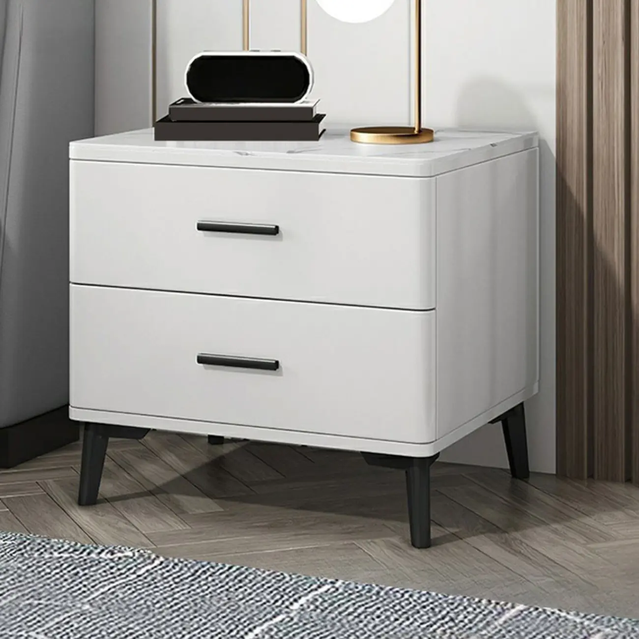 Modern White Stone Top Oak 2-Drawer Nightstand Image - 3 | homeyfad