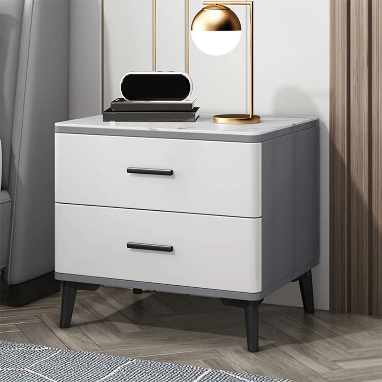 Modern White Stone Top Oak 2-Drawer Nightstand Image - 4 | homeyfad